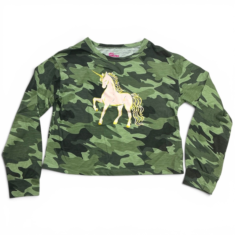 Epic Threads Green Camo Unicorn Graphic Long Sleeve Top Kids Size M